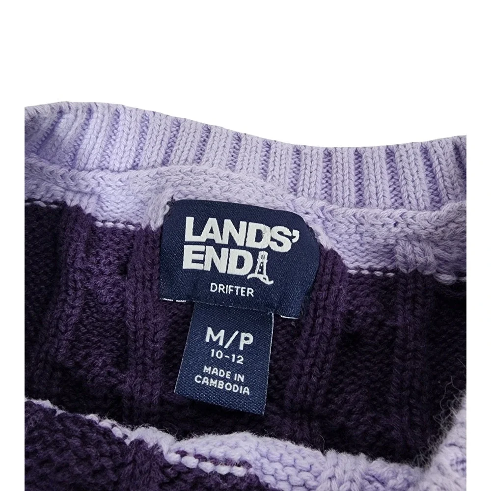 Lands End Drifter Purple Striped Cable Knit Cotton Sweater Womens Medium 10-12‎
